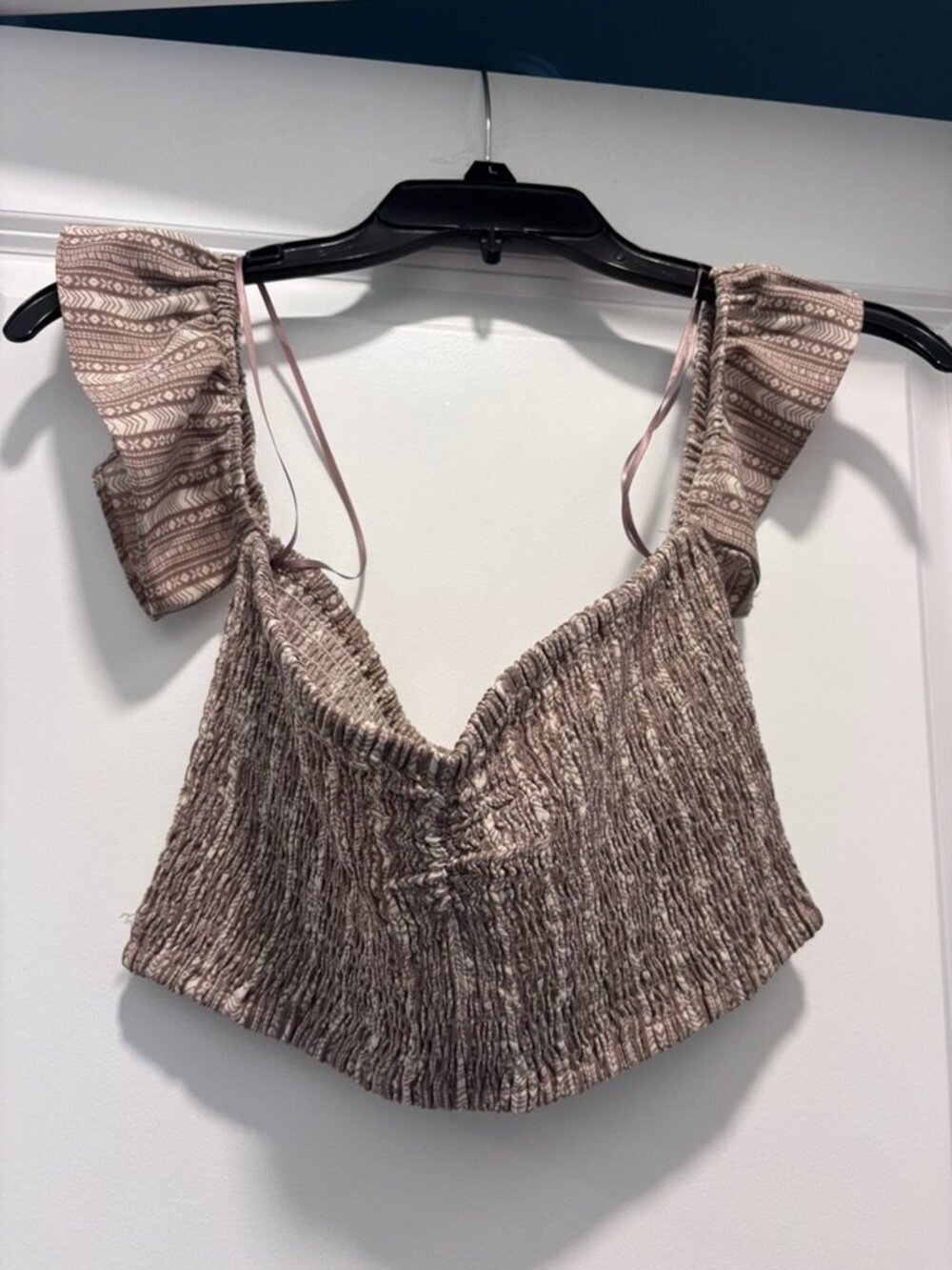Sadie & Sage Tan Boho Print Smocked Cropped Top
